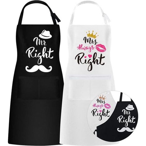 2 Paar-Küchenschürzen, wasserdicht, 70 cm, verstellbar, Weiß und Schwarz mit Taschen, ideales Geschenk für Verliebte, zur Hochzeit o