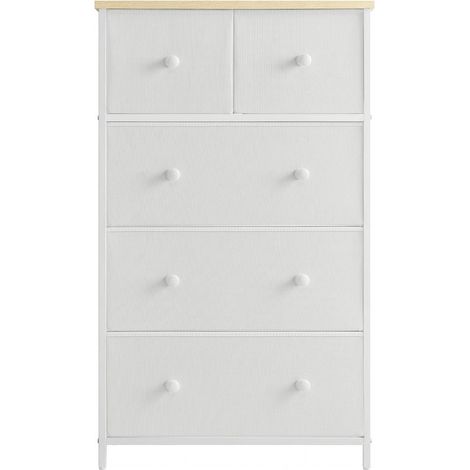 Songmics – Commode enfant 5 tiroirs – Acier, tissu – Dimensions 30 x 56 x 93 cm – Couleur blanche et chêne – Rangement pratique pour salon et entrée (1/5)