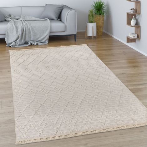 Paco Home Tappeto Salotto Moderno Soggiorno Pelo Corto Motivo Boho Geometrico Con Frange 120x170 cm, Crema 7 (1/5)