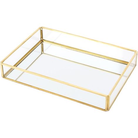 Boîte de rangement vintage en métal et verre, plateau doré, présentoir à bijoux et cosmétiques (petit format) (1/5)