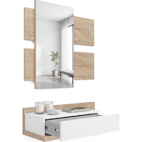 Mueble recibidor con 1 cajón y espejo 75 cm Milo Roble Canadian - Blanco Artik (Blanco Mate) (ancho) x 116cm (alto)