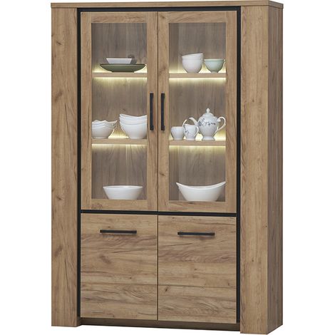 Vitrine 2 portes pleines et 2 vitrées – Dimensions L. 133 x l. 45 x H. 194 cm – Panneaux agglomérés – Pour rangement élégant (1/4)