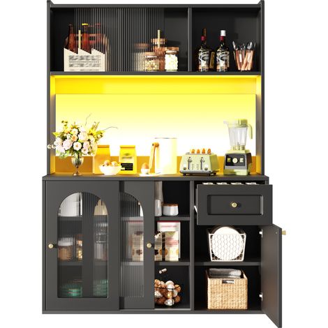Buffet haut de cuisine avec LED, portes vitrées coulissantes, étagères réglables, tiroirs et grand plan de travail, noir, en MDF et panneaux de particules  CHICFURN (1/5)