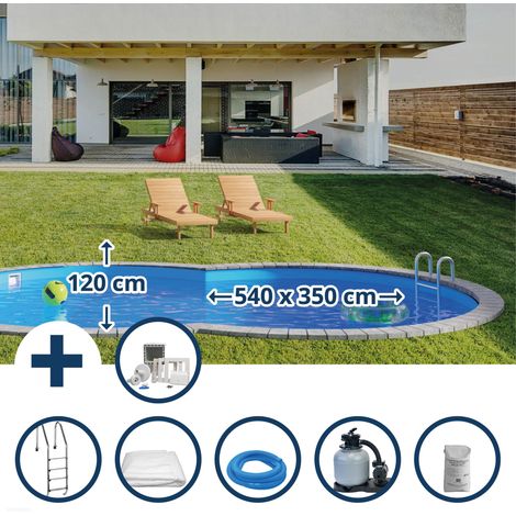 Stahlwandpool Set (6-teilig) tief achtform 540 x 350 x 120 cm, Stahl 0,4 mm weiß Folie 0,4 mm blau (1/5)