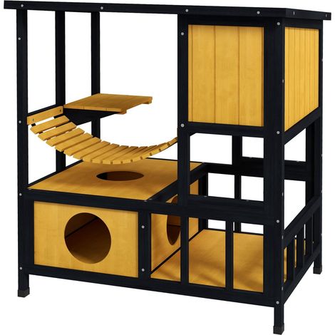Casa Para Gatos Cueva De Madera Para Gatos Villa Para Gatos Puente Colgante Para Exteriores Plataforma Para Balcón Impermeable Para 1-2 Gatos De Hasta 5 Kg Amarillo