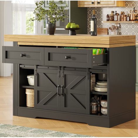 Isola da cucina con tavolo estraibile 120x40x72 cm, girevole a 360 gradi, credenza laterale, MDF effetto rovere, nero (1/5)
