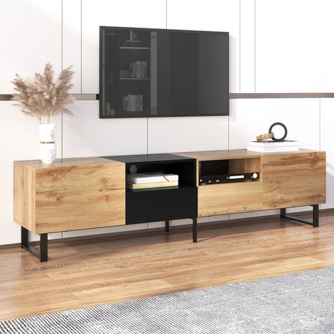 Meuble TV Moderne Noir/Bois 190×38×48cm – 2 Portes + 2 Tiroirs, Rangements, Glissières 31cm, Facile à Monter