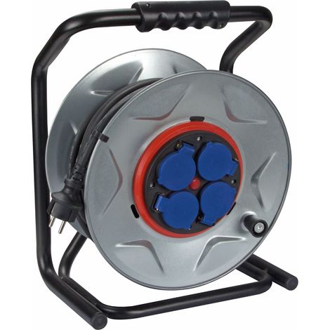 Perel Professionelle Kabeltrommel, Kabelrolle Außenbereich, Verlängerungskabel, Stromtrommel, 4 Steckdosen Typ E mit Klappdeckel, Anti-Twist-System, 40 m, 3G2.5, grau/schwarz