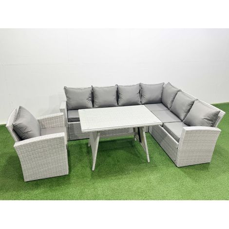 Fimous 7 Seater Garden Outdoor Rattan Furniture Set Rattan Corner Sofa Oblong Dining Table with Armchair Light Grey Mixed (1/4)