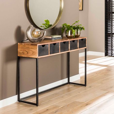 Console 5 tiroirs 112x35x78 cm en acacia noir et naturel - LEZI