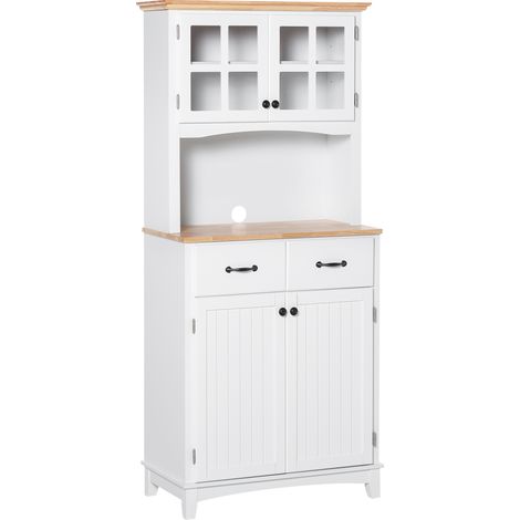 Freestanding Kitchen Cupboard, Kitchen Storage Cabinet with Framed Glass Doors, 2 Drawers, Microwave Counter, 172cm, White