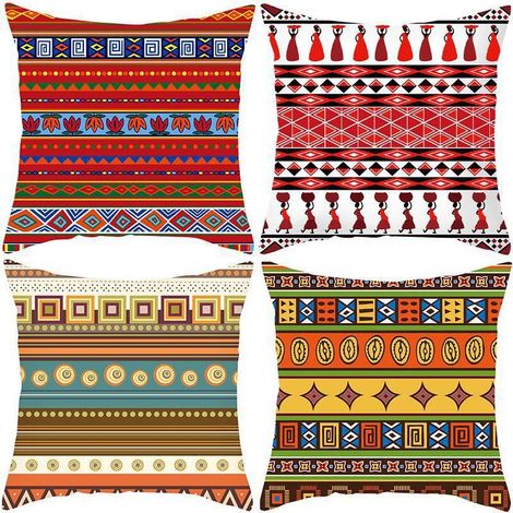 Kissenbezug im Ethno-Stil mit Retro-Streifenmuster, 45 x 45 cm Set mit 4 roten Kissenbezügen (45 x 45 cm) dekorativer quadratischer Kissenbezug (1/5)