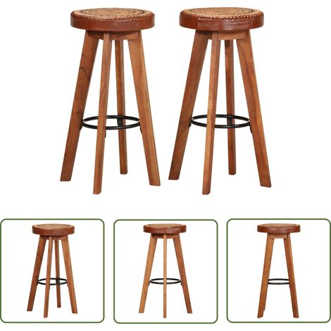 The Living Store Tabourets de bar 2 pcs Cuir véritable et bois d'acacia solide - Tabouret De Bar - Tabouret De Comptoir - Chaise De Bar - Mobilier Retro - Meubles Design (1/5)
