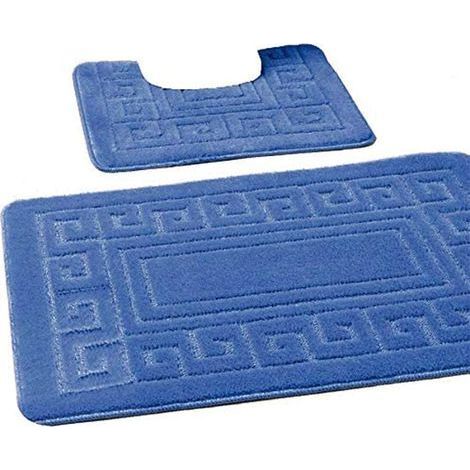 Lot de 2 Tapis de Salle de Bain antidérapants de Style Grec Comprenant 1 Tapis de Bain et (50 x 80 cm) et 1 Tapis WC (50 x 40 cm), Bleu (1/5)