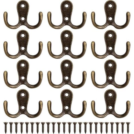 12 Pièces Patère Patere Porte Manteau Mural, Rétro Patère, Crochets Doubles Porte Manteau Mural Rétro en Métal avec 24 Vis pour Porte-Manteau Salle de Bain Cuisine (Bronze)