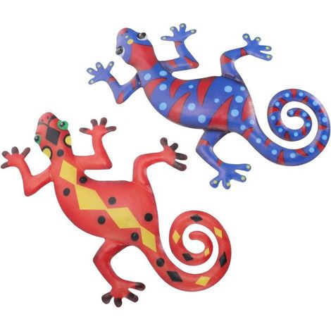 Set mit 2 3D-Metall-Wandskulpturen Gecko-Eidechse, inspirierend für die Gartendekoration.