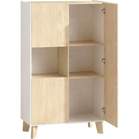 Credenza moderna con 6 scomparti, 80 x 40 x 135 cm, bianco e rovere chiaro (1/4)