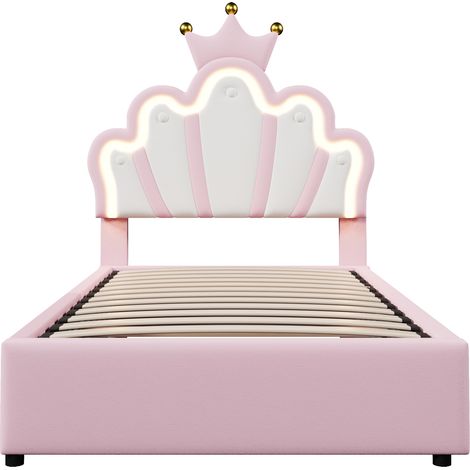 Cama capitoné 90 x 200 cm con LED y almacenamiento hidráulico, cabecero ajustable, PU rosa, MODENUIT (1/5)
