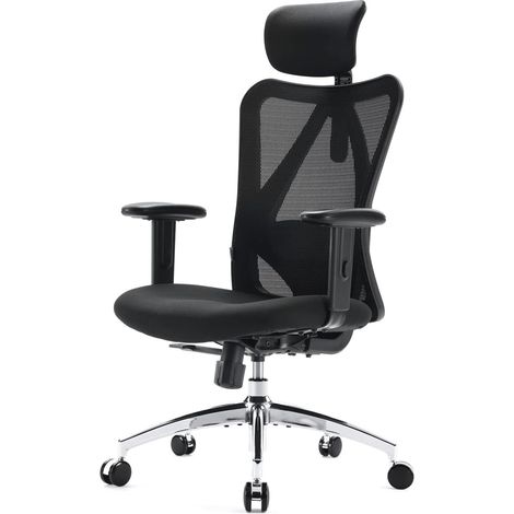 SIHOO Ergonomischer Bürostuhl, Schreibtischstuhl mit verstellbarer Lordosenstütze, Kopfstütze und Armlehne, Höhenverstellung und Wippfunktion, Rückenschonend, Bis 150kg/330LB belastbar (Schwarz)