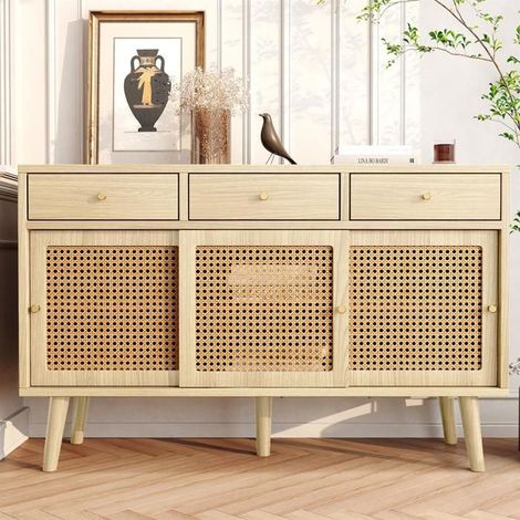 Buffet bas - Chêne - 120x40x78 cm - 3 tiroirs - 3 portes coulissantes - Style industriel