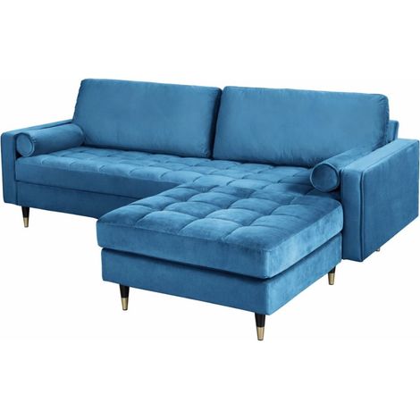 Divano ad angolo reversibile KOLIRI blu – Divano di design in velluto con pouf abbinato