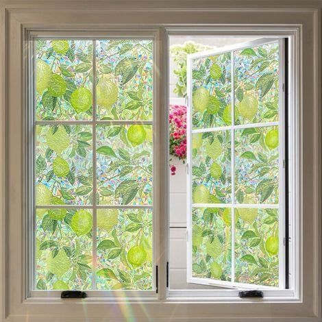 Sichtschutzfolie mit Regenbogeneffekt, 44,5 x 100 cm, elektrostatische Fensterfolie mit Zitronenbaummuster, UV-beständig, selbstklebend, dekorative Fensterfolie, Buntglas-Fensterfolie für Schlafzimmer (1/4)