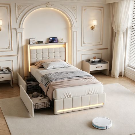 Lit 90x200 cm avec tiroir, lit capitonné,avec LED, cadre de lit avec 2 tiroirs et chargement USB, sommier à lattes en bois,Beige,sans matelas-Matière en lin (1/5)
