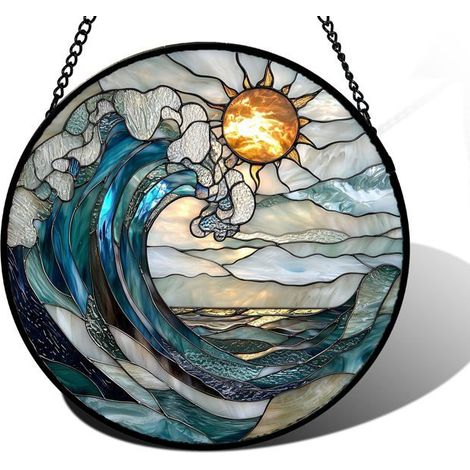 Vitraux suspendus, vagues bleues et blanches, attrape-soleil, panneaux de verre en forme de diamant (1/5)