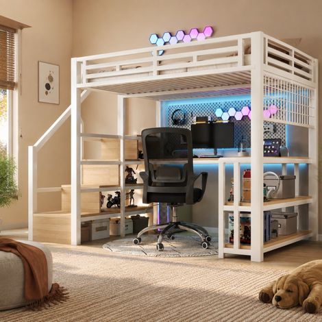 Letto a soppalco 140 x 200 cm in metallo e MDF con scrivania, vani portaoggetti, LED, bianco (1/5)