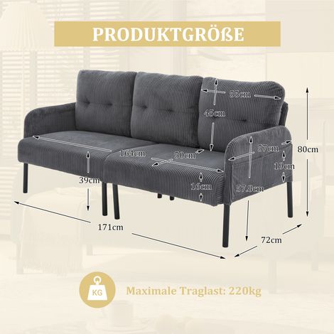 Canapé 3 places en velours côtelé,rembourrage souple,dossier haut,poches latérales,pieds métalliques solides,polyvalent pour salon et bureau.-Ha (1/5)