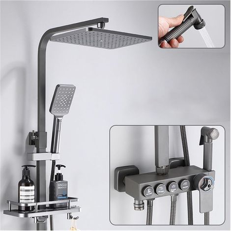 Ensemble de douche mitigeur thermostatique intelli Ensemble de douche numérique chaud et froid robinet système de douche de salle de bains robinet de douche en or noir pommeau de douche carré système (1/5)