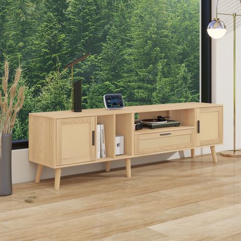 Meuble TV spacieux de 180 cm avec décoration en rotin, 2 portes et 1 tiroir, pieds en bois massif, pour téléviseur jusqu'à 80 pouces, meuble de rangement TV, meuble TV (1/5)
