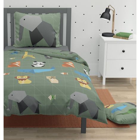 Parure de Couette Enfant 140 x 200 cm 100% Coton 57 Fils Housse de Couette avec 1 Taie d'oreiller 63 x 63 cm Douce, Respirante et Facile d'entretien Vert (1/3)