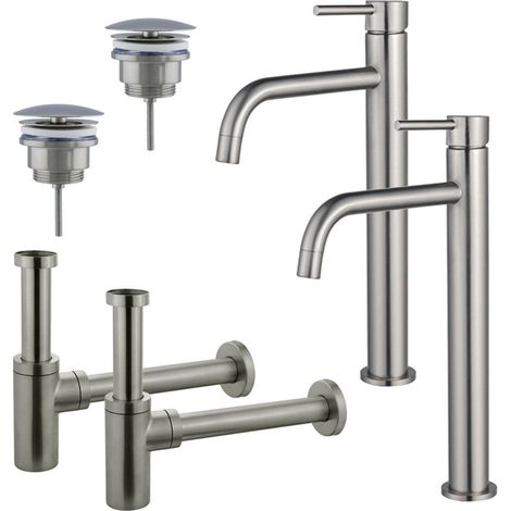 FugaFlow Eccelente Sobrado Slim Kit robinet lavabo - pour double vasque - robinet rehaussé - bonde non-obturable - siphon design - PVD (1/4)