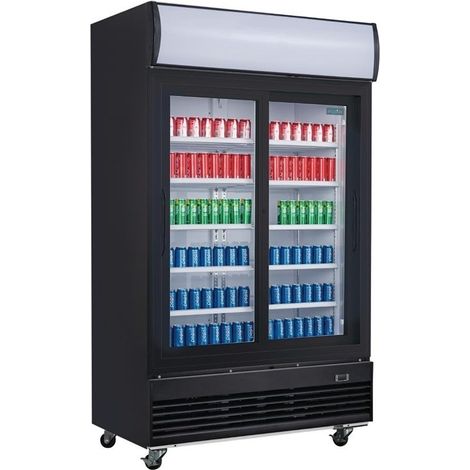 Frigo Professionnel Vitré Noir 2 Portes Coulissantes avec Caisson Lumineux Série G 950L - Polar (1/5)