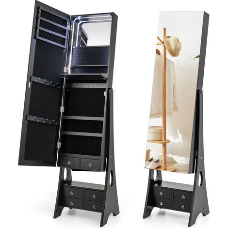 COSTWAY Jewelry Cabinet 3-color LED Lighted Jewelry Organizer Armoire-Black (1/5)