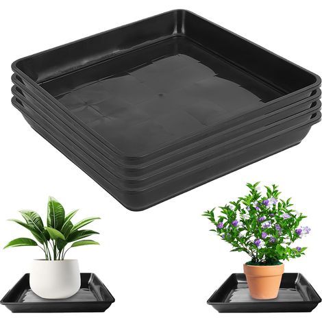 Set di 4 sottovasi: 30 x 30 cm Fioriera quadrata in plastica, vassoio quadrato in plastica rinforzata per piante da esterno e da interno, nero (1/5)