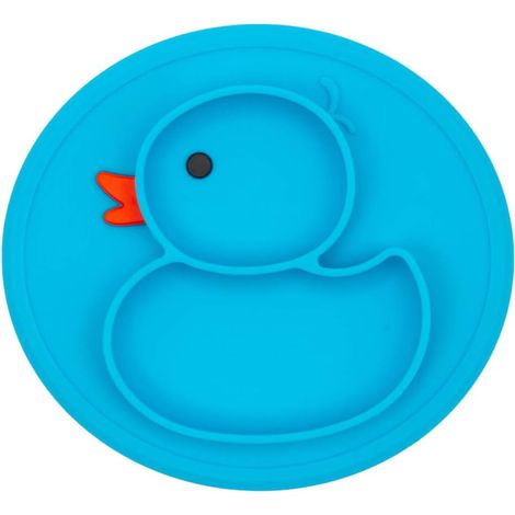 Assiette à dîner bébé en silicone petit canard (bleu)