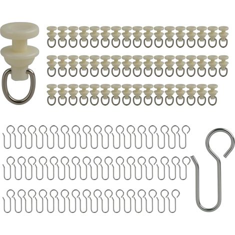 100 Stück Gardinenstangen und Haken, 50 Kunststoffgleiter und 50 Metallhaken, geeignet für Gardinenstangen und Duschvorhangstangen (1/5)