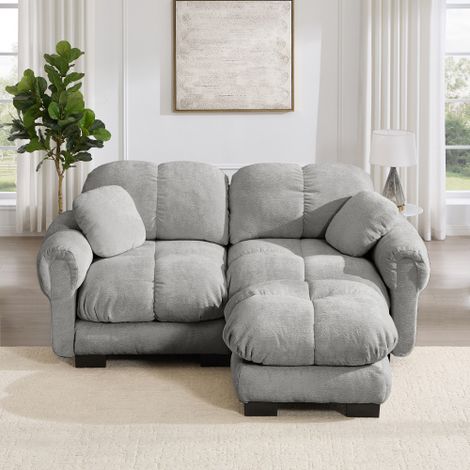 Divano a 2 posti in ciniglia, divano angolare modulare a L, design trapuntato raffinato, stile elegante, cuscini di seduta spessi, morbidi e di supporto, con pouf mobile, facile da montare, adatto al (1/5)