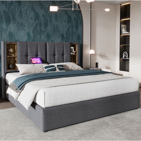Polsterbett 180x200 cm mit Stauraum, kabellosem Laden, USB und Type-C, Grau HAVRYA (1/5)