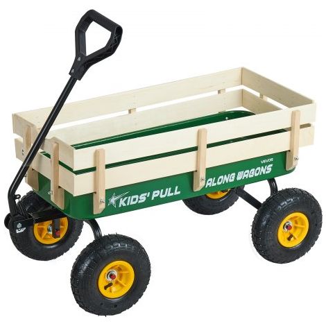 Carro de Playa con Ruedas 102 x 53 x 52 cm, Carga 150 kg, Acero Carbono Madera, Resistente al Clima Óxido y Agua, Carrito Todo Terreno Verde Amarillo con Asa para Niños Camping Jardín Exteriores (1/5)