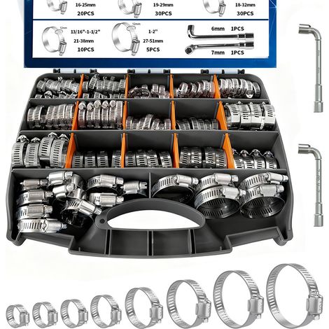 Pince de tuyau assortiment 200PCS Pince de tuyau 304 Kit en acier inoxydable réglable 1/4" 2"(651mm)Pince de tuyau à engrenage de ver, Pinces de tuyau pour l'automobile, ligne de carburant, tuyau