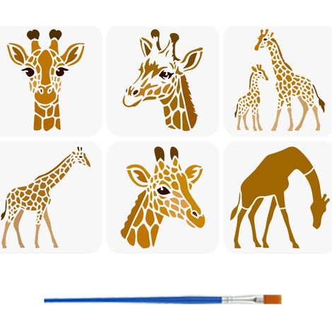 6 Styles Pochoirs à Motifs de Girafes Avec Un Pinceau 15x15cm Pochoirs de Peinture de Tête de Girafe Pochoir Silhouette Girafe Modèle Thèmes Animaux pour Bois Mur Tissu Meubles (1/5)