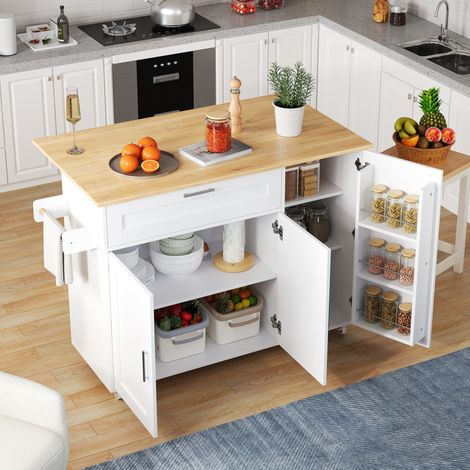 Îlot de cuisine 132.5x44(70)x90 cm blanc et naturel en MDF avec plateau rabattable et rangements (1/5)