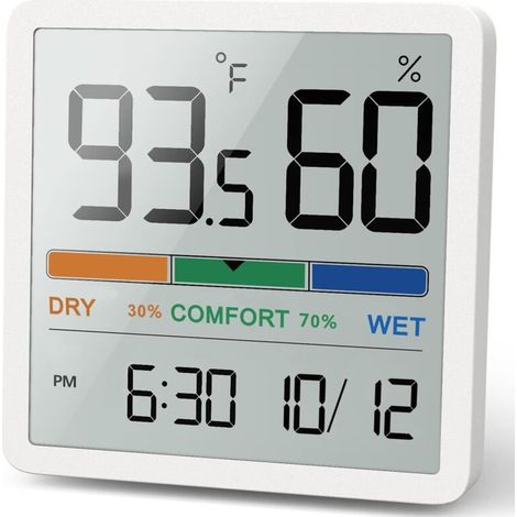 Termometro-igrometro digitale per interni, display di temperatura e umidità con orologio, da tavolo (bianco) - Crezuo