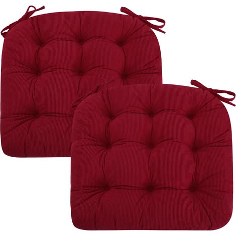 Lot de 2 coussins de chaise - 45 x 45 x 7 cm - Rouge - Coussins d'assise confortables en tissu côtelé et velours cristal avec liens - Idéal pour salle à manger, bureau, salon et chaises (1/5)