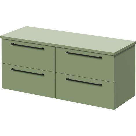 Napoli 460 Olive Green 1200mm Wall Mounted 4 Drawer Vanity Unit for Countertop Basins - 1200mm - Matt Black 320mm Handle