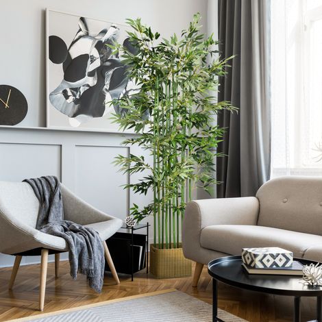 Bambú artificial de 180 cm, planta decorativa para interior y exterior, maceta de pino HAVRYA (1/5)