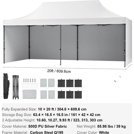 Auvent Pop-Up, Murs Latéraux Amovibles, Design Portable, 10x20ft Blanc (1/2)